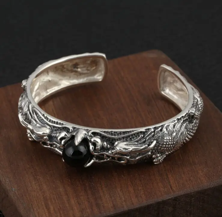 

100%s925 sterling silver Rough men's bracelet retro double dragon play beads men's open Thai silver bracelet