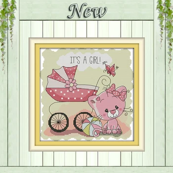 

The cat and baby carriage cartoon painting Counted print on canvas 14CT 11CT chinese Cross Stitch Needlework kits Embroidery Set