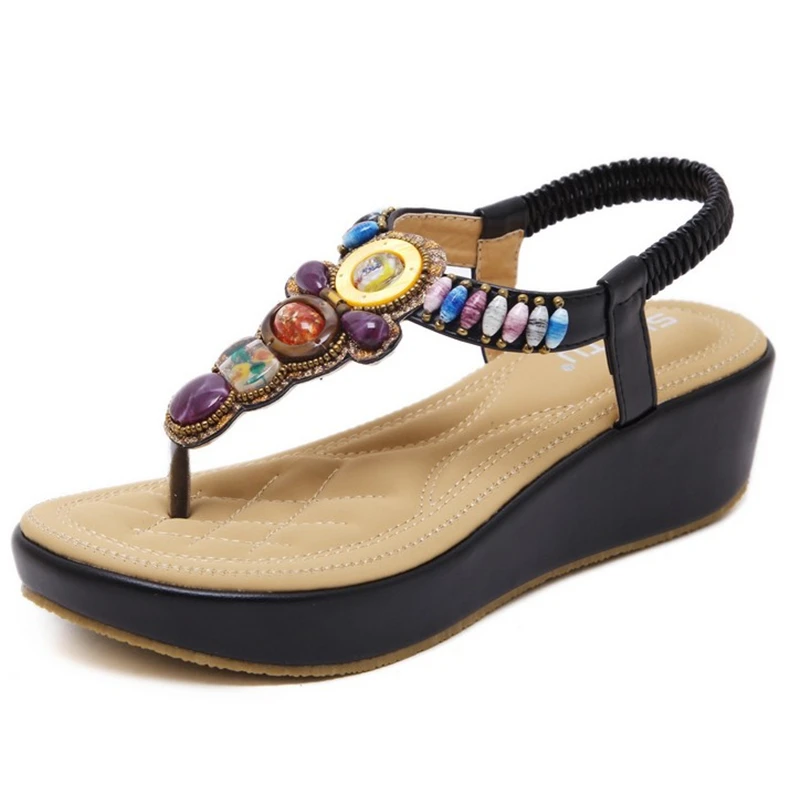 

Beaded flat Retro women summer sandals comfortable non-slip platform wedge female sandals large size beautiful beach shoes