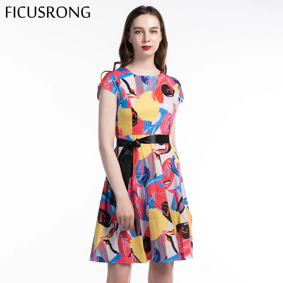 

FICUSRONG 2019 New Summer Dress Women Vintage Print Dress Fashion A-Line Dress Lace Up O-Neck Dress 8 Colors Hot Sale