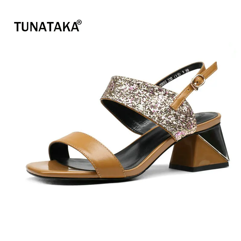 

Genuine Leather Comfort Square High Heel Open Toe Woman Sandals Fashion Buckle Bling Dress Shoes Woman Beige Brown