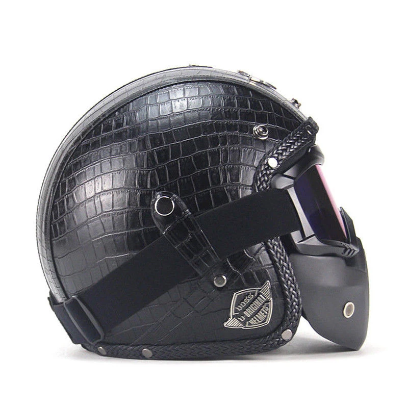 For Motorcycle Helmets 3/4 Open Helmet PU Leather + Goggle Mask Vintage Style