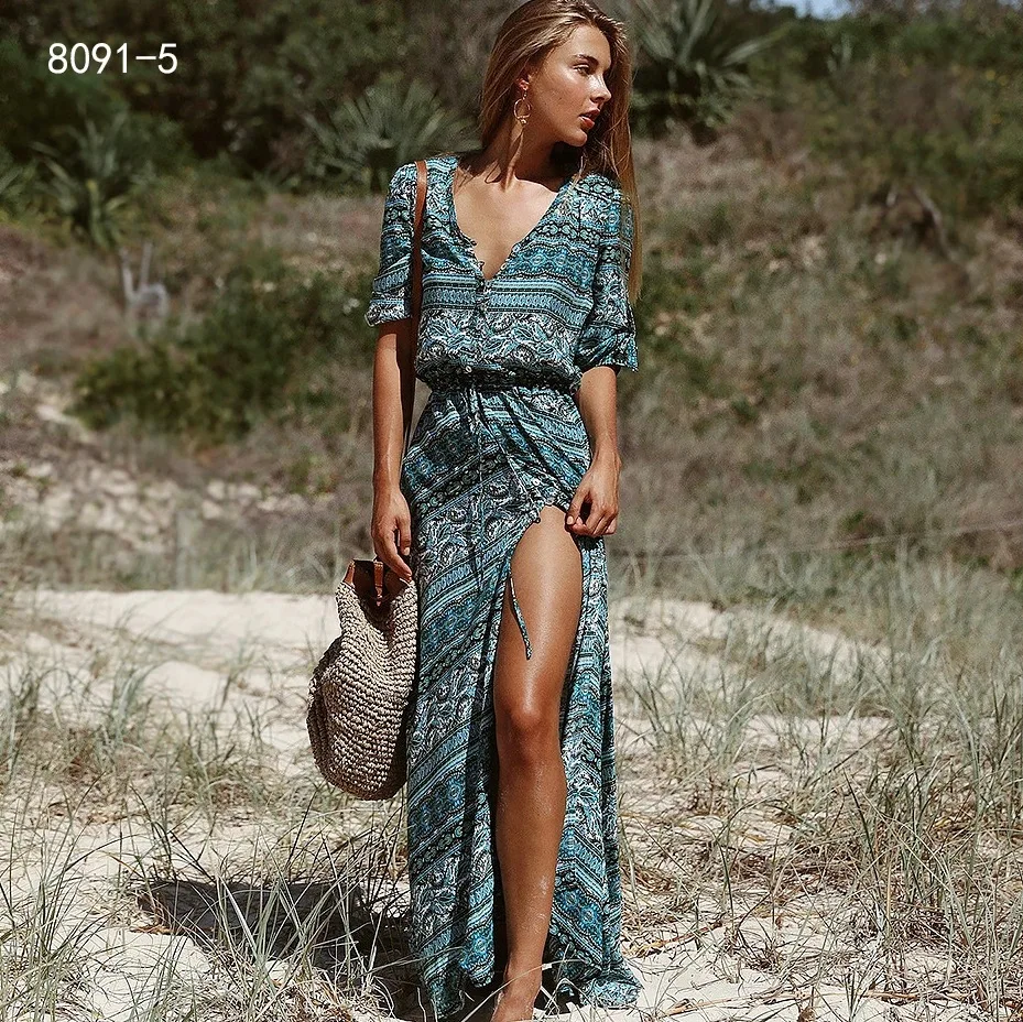 

LOSSKY New Boho Floral Print Maxi Long Beach Dress Women 2019 Spring Summer Bohemia Sexy Woman Ladies Dress Sundress Robe Femme