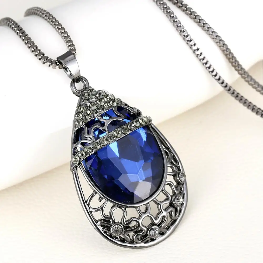

Ajojewel Vintage Gun Black Plated Big Water Drop Pendant Necklace For Women Retro Grey/Dark Blue Crystal Jewelry