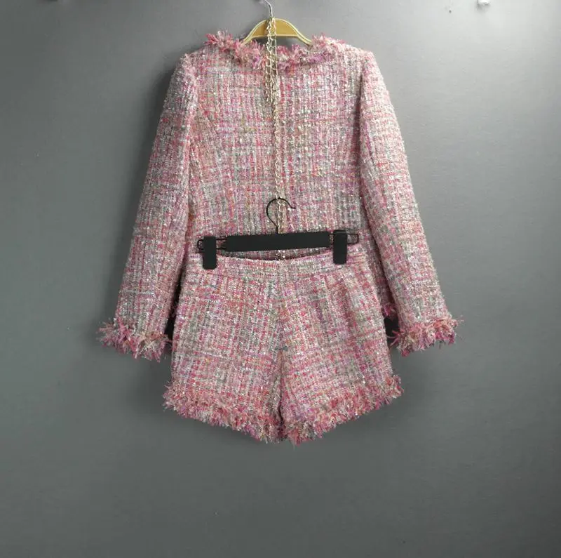 Розовая твидовая куртка+ шорты, костюм с блестками, весенне-осенние женские куртки, тонкий шерстяной костюм из 2 предметов, Женское пальто