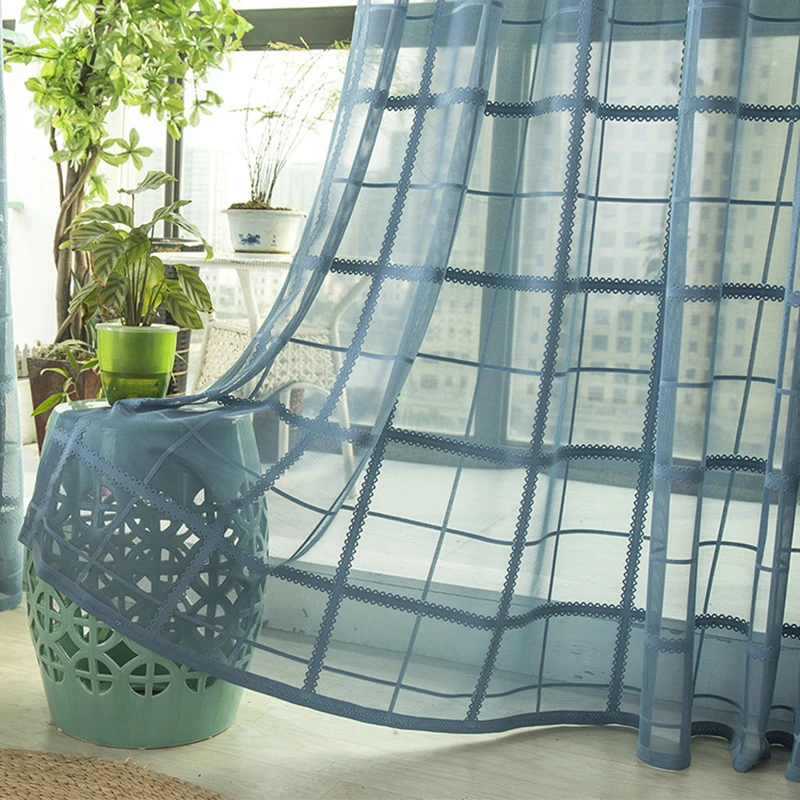 

Single Panels Elegant Decorative Plaid Tulle Curtains For Living Room Blue Kitchen Bedroom Room Door Sheer Curtain