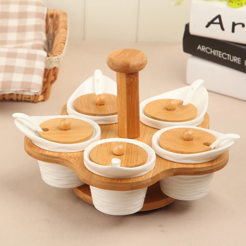 Creative Rotatable Ceramic Bamboo Seasoning Cans Suits Seasoning Box