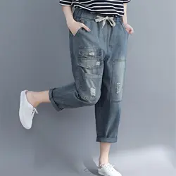 2019 лето осень новые шаровары эластичные джинсы с высокой талией винтажные женские рваные джинсы джинсовые свободные женские укороченные