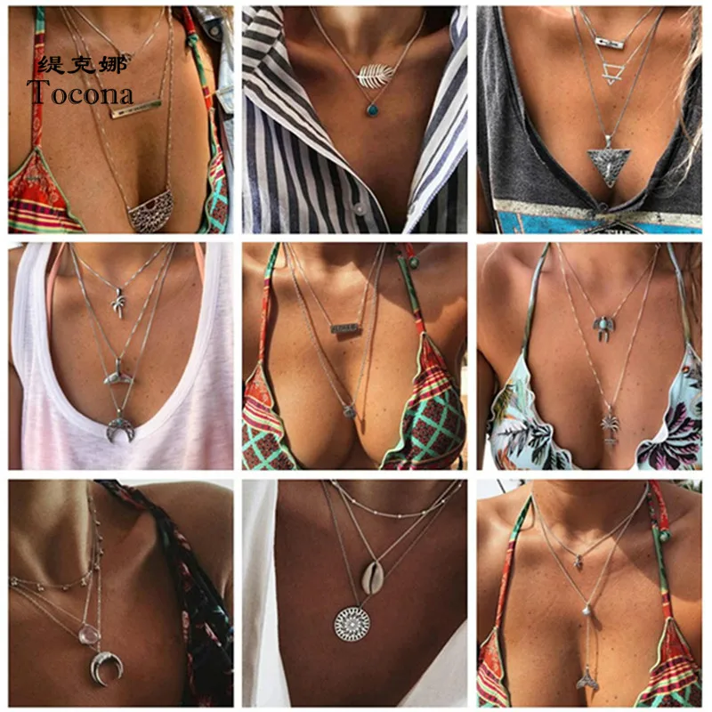 

Tocona 10 Style Women Bohemia Necklace Silver Color Multi-layer Hollow Shell Fish Tail Round Geometric Chain Chokers Jewelry