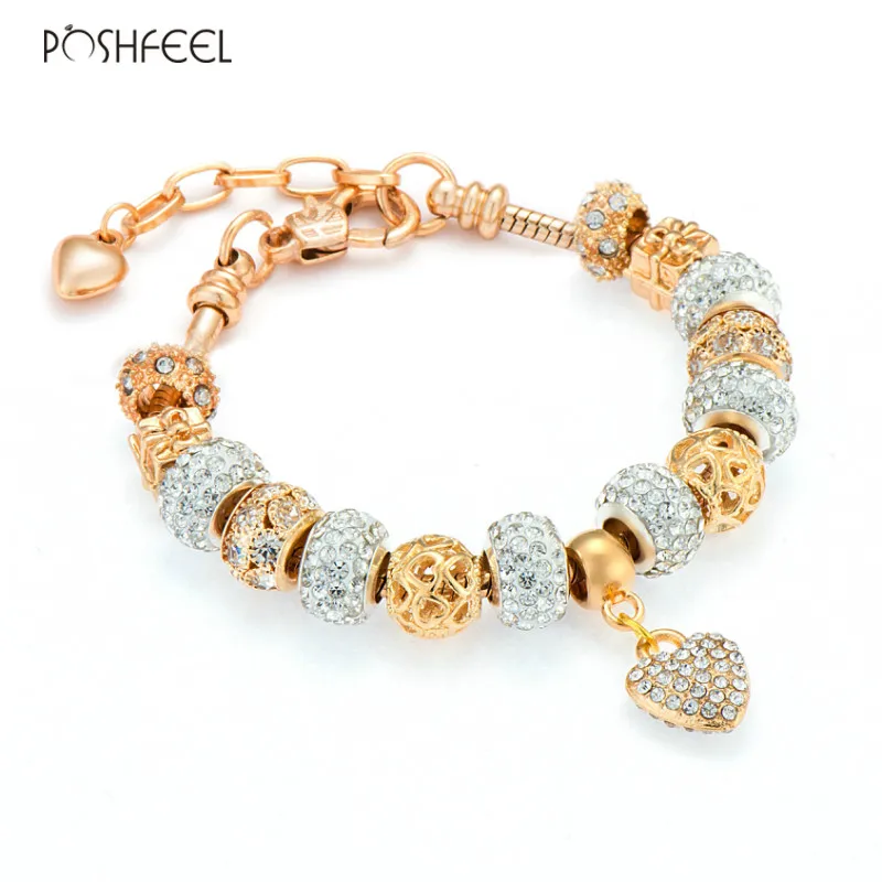 

Poshfeel 2017 Fashion Women Gold Bracelet Crystal Heart Charm Bracelets & Bangles Diy Jewelry Female Pulsera Mbr170207