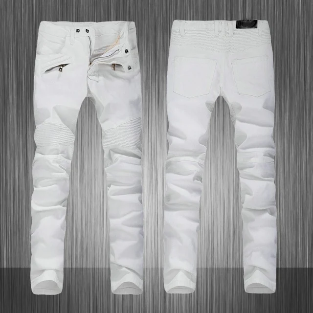 Best price at $151 Cheap 2015 New Brand Paris Men's Runway Distressed Slim Washed White Fashion Biker Jeans For Men Size 28-36 MB357 Z55