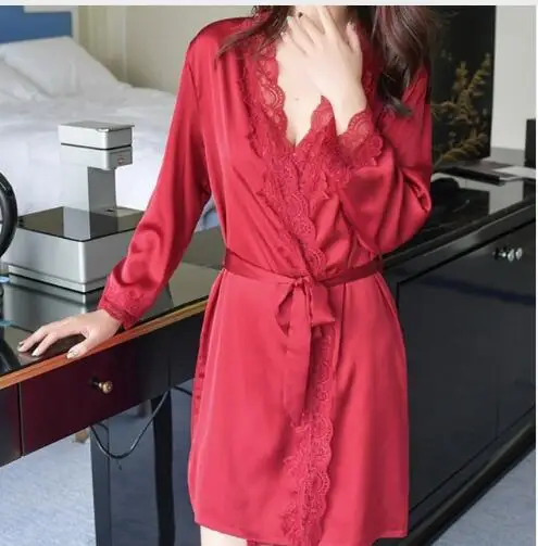 1620 Women's Satin Silk Woman Lace Robe Female Lace Bathrobe Womens Robes Sleepwear Ladies Sexy Robe For Women