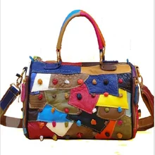 Женская сумка Повседневная Вместительная дорожная сумка из натуральной кожи Новая женская винтажная Дамская, на заклепках сумки через плечо в стиле пэчворк