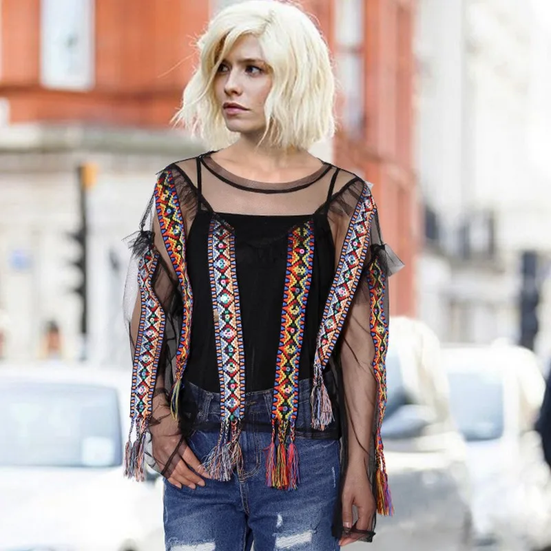 Летние Сексуальные Футболки Для Женщин 2017 Национальный Плетеный Цвет Кисточкой