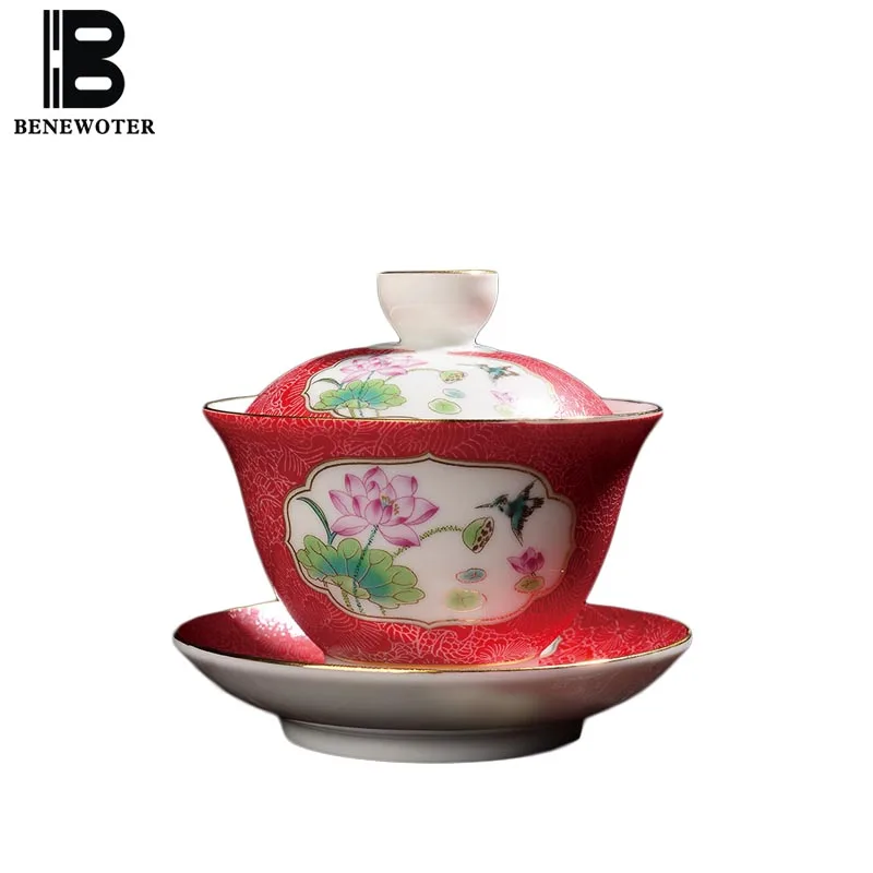 

150cc Creative Hand Painted Enamel Color Gold Rim Gaiwan Ceramic Drinkware Office Master Tea Bowls Teapot Kettle Sent Friends