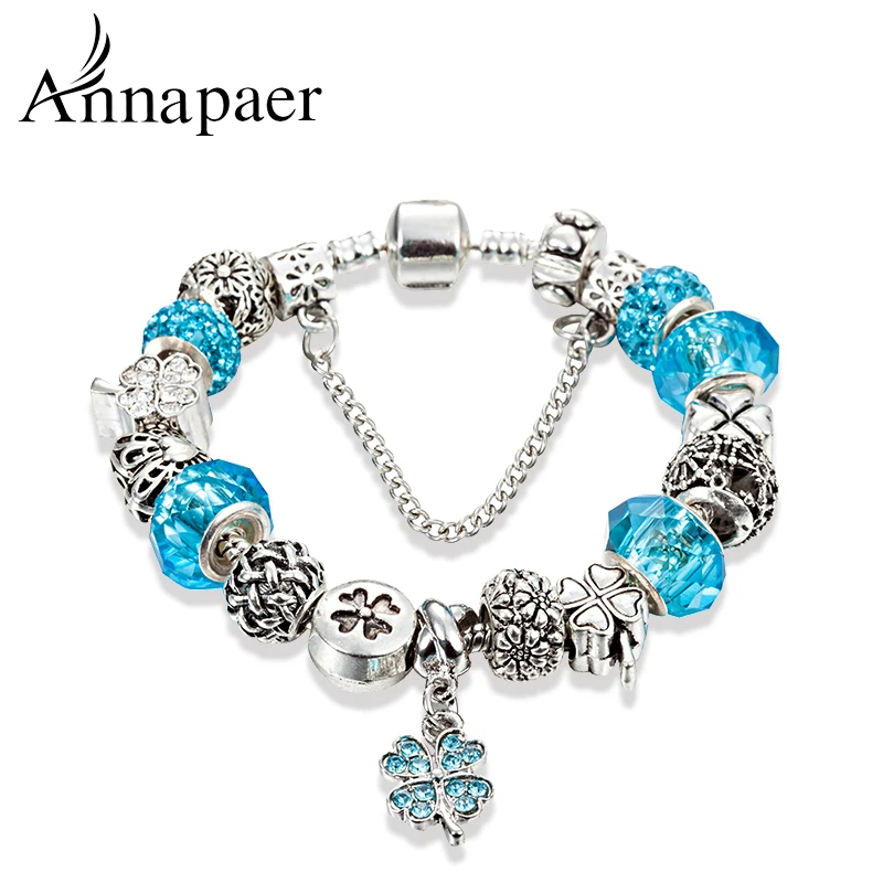 

ANNAPAER Clover Heart Charm Bracelets & Bangles For Women European Antique Silver Color Crystal Beads Bracelet Jewelry B17013