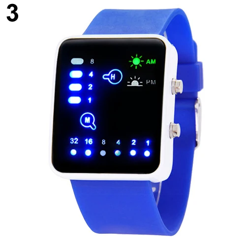 

Popular Mens Womens Binary Number Blue LED Wristwatches Silicone Band Quartz Wrist Watch NO181 5V4Y