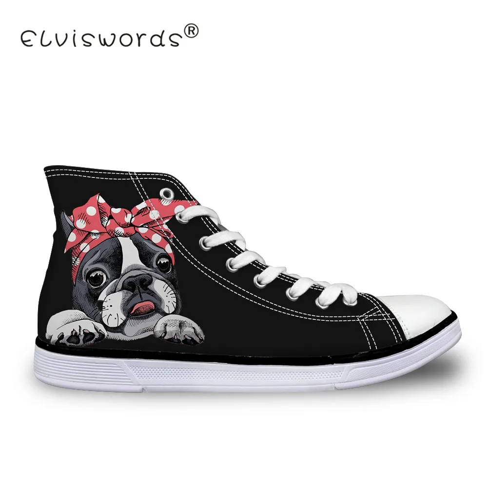 ELVISWORDS Cute Bulldogs Canvas Shoes Women Lace Up Black Flats Students Flat Sneakers High Top Zapatilla Lady Girls Teenagers