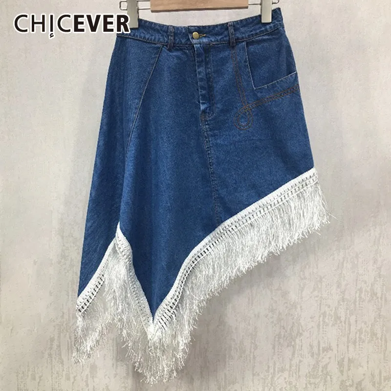 

CHICEVER Summer Streetwear Patchwork Tassel Hem Denim Women Skirt High Waist Button Fly Pockets Asymmetrical Female Skirts 2019