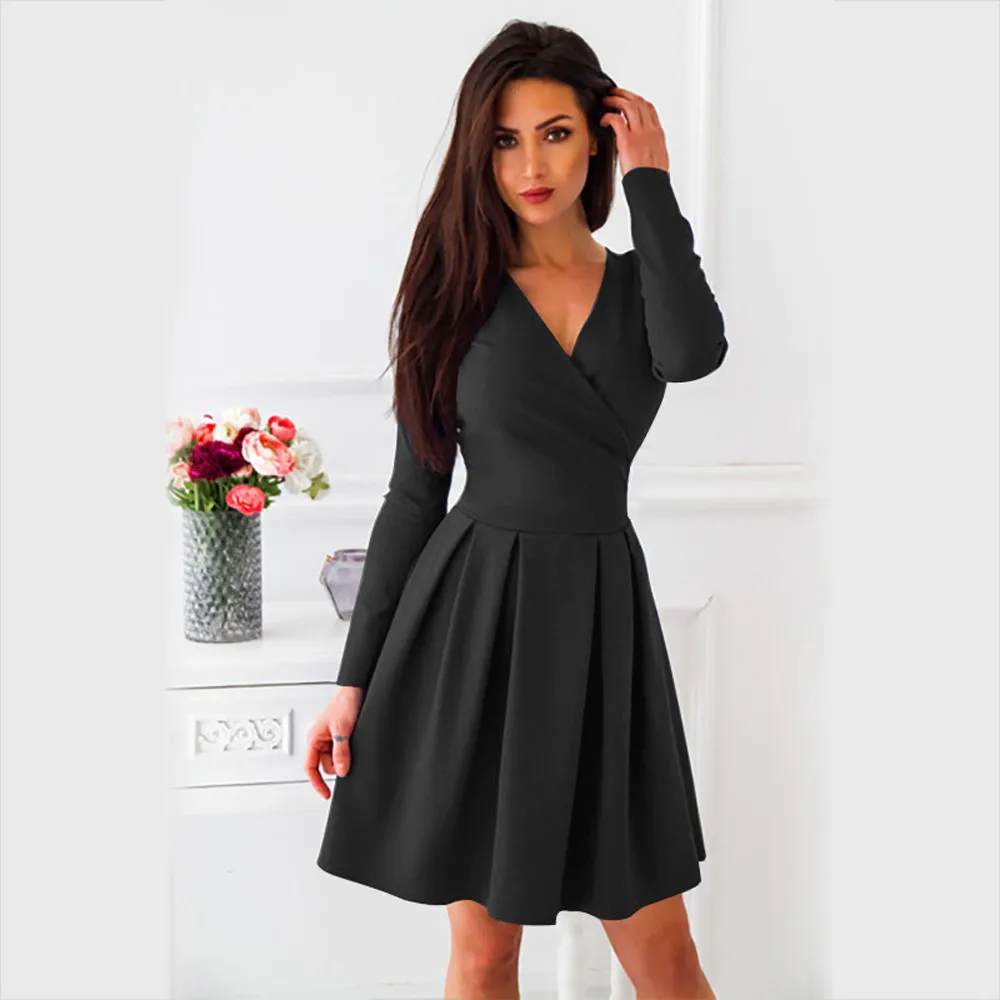 

Women sexy dress Ladies Deep-V Solid elegant Long Sleeve A-line Swing Mini Party dress robe hiver vestidos verano 2018