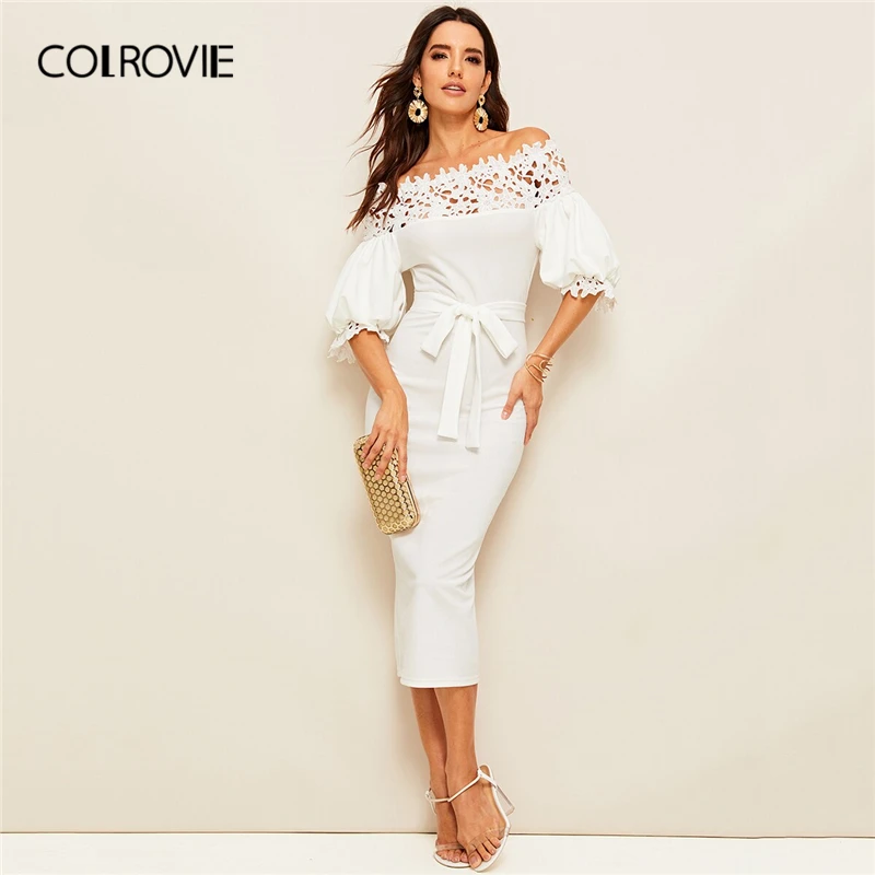 

COLROVIE White Guipure Lace Yoke Bishop Sleeve Pencil Dress Women 2019 Summer Elegant Off Shoulder Bodycon Slim Ladies Dresses