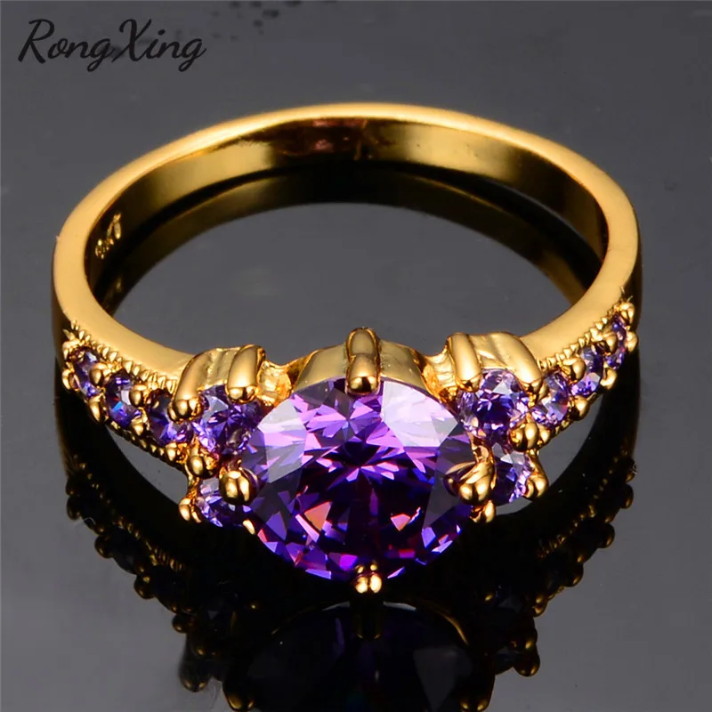 Женское кольцо с фиолетовым камнем RongXing Винтажное желтым золотом и цирконием