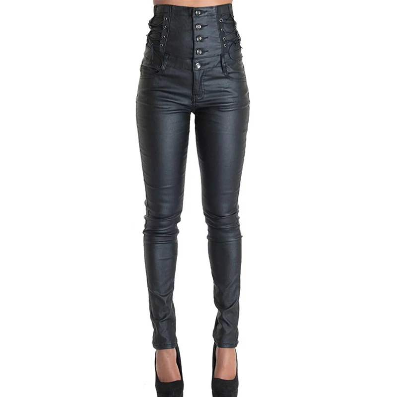 

2019 Summer slim waist stretch black lace up leather trousers women pants high waist pants women hip hop streetwear plus size