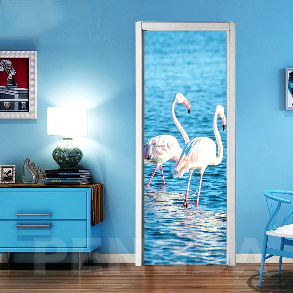 Home Decoration 3D Sticker Flamingos Sea View Picture Self Adhesive Decal Waterproof Paper For Living Room Door Print Art Poster