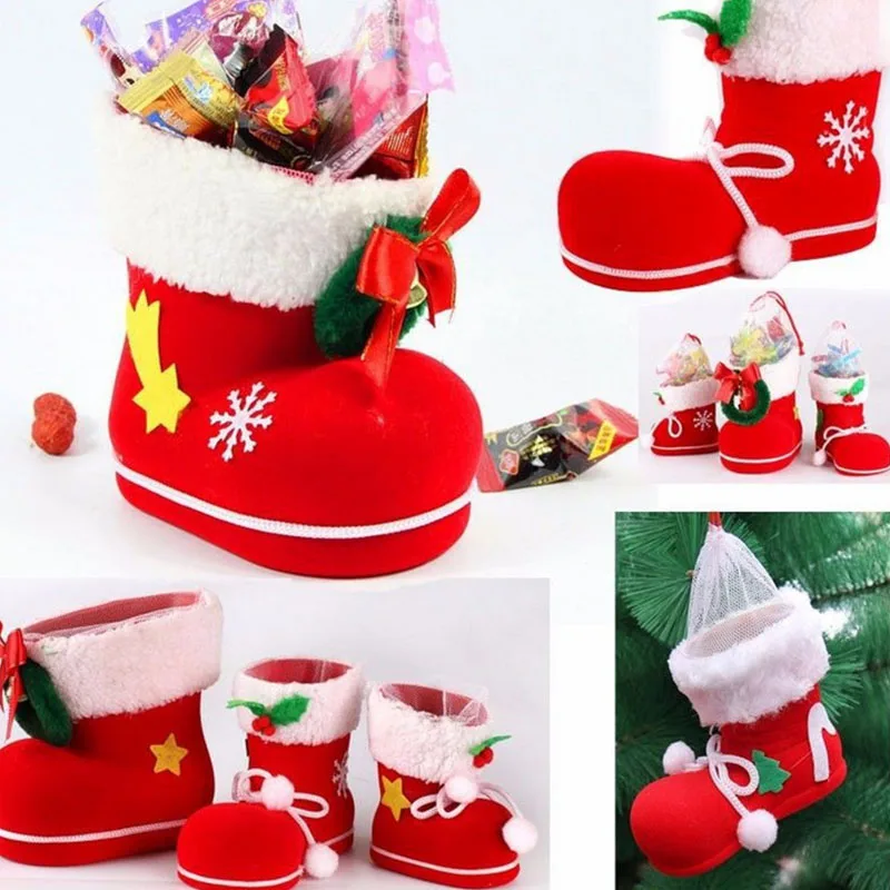 

4 Sizes Christmas Candy Boots Santa Claus Flocking Boots Stockings Decorative Candy Gift Box Home Decoration Supplies