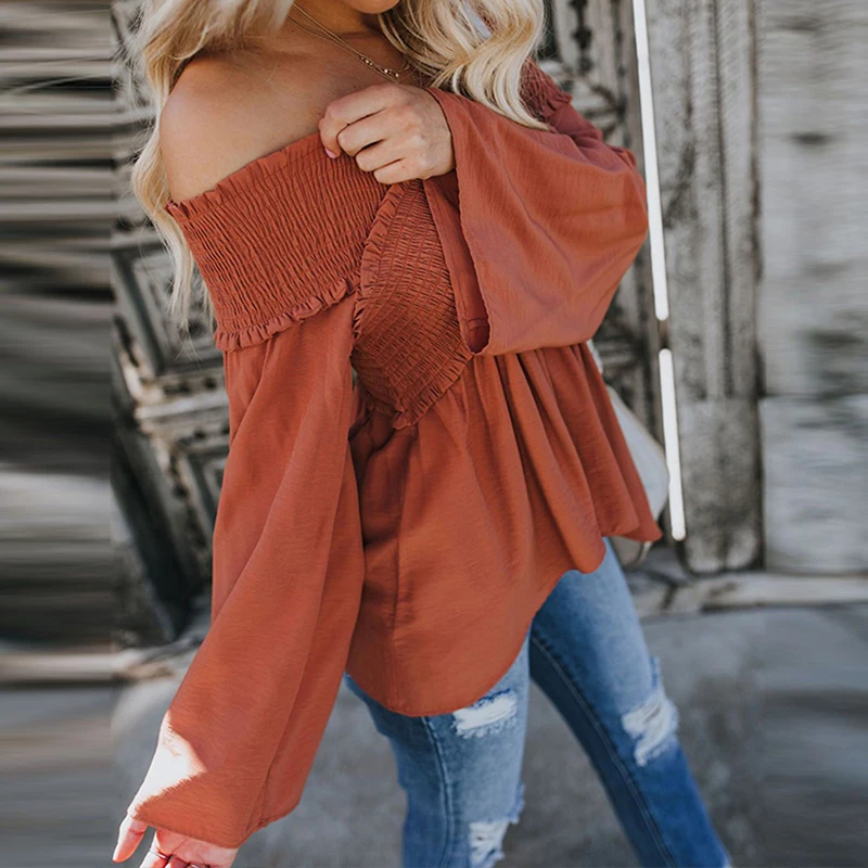 

Womens Tops And Blouses Sexy Long Flare Sleeve Slash Neck Loose Ruched Blouse Tops 2109 Summer Casual Women Slim Chiffon Blouses