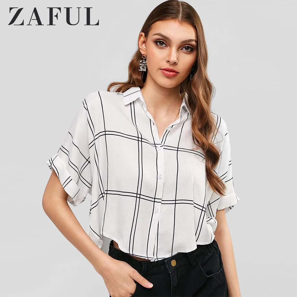 

ZAFUL Button Down Cuffed Sleeve Plaid Short Shirt Women Classic Blouses Vintage Tops Office Ladis Clothes Streetwear 2019