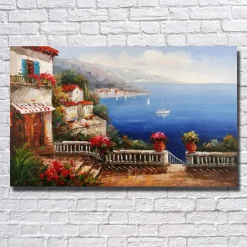 

No frame big size Handmade Oil Painting On Canvas Modern seaside garden build wall art picture for Living Room home decoration