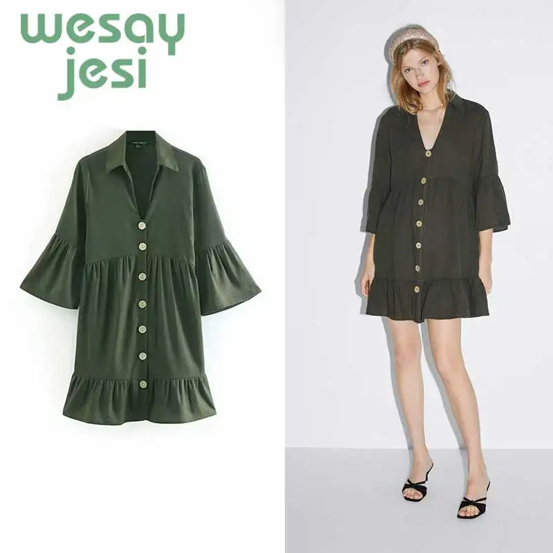 

Dress Women Elegant Vintage green vestidos 2019 casual style long sleeve button A-line sexy mini vestidos de fiesta party dress