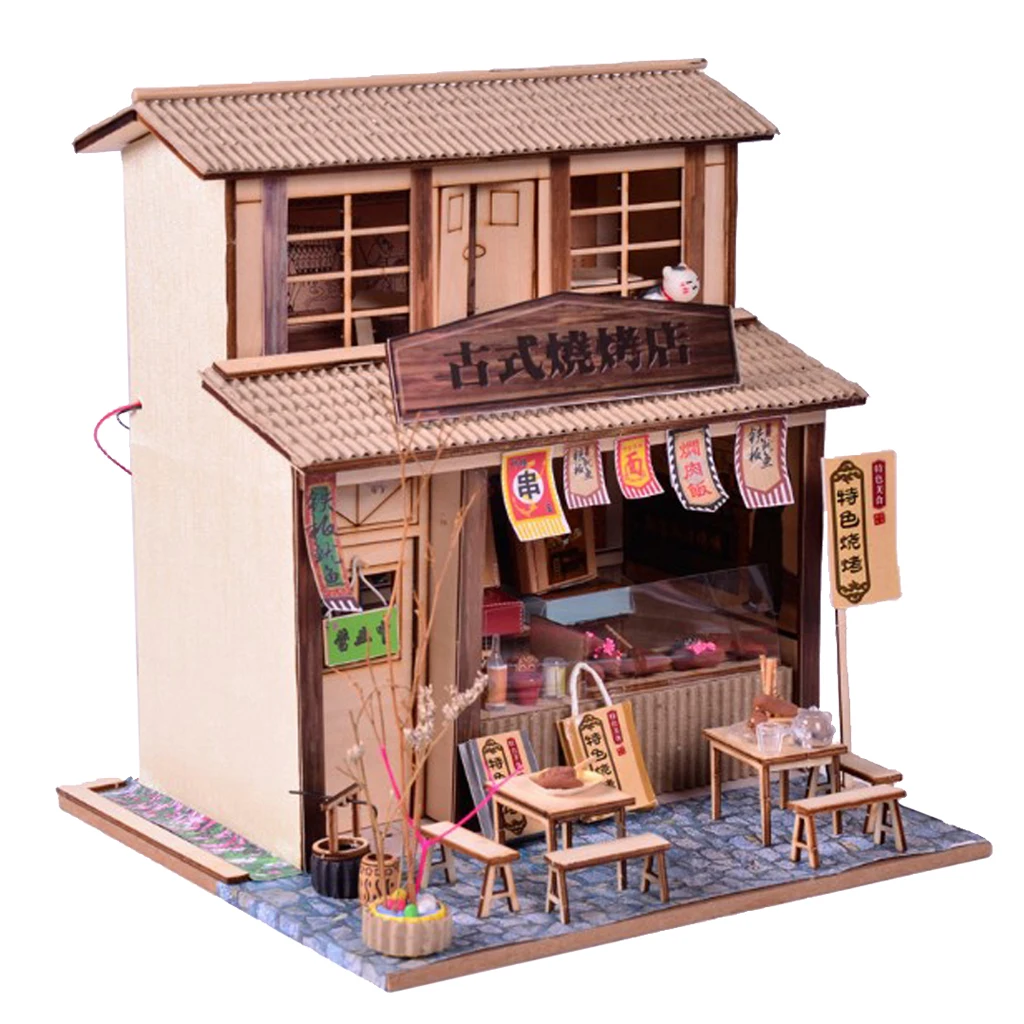 1/24 DIY Wooden Dollhouse Miniature Kits - Antique BBQ Restaurant with Delicious Foods