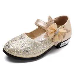 Для девочек одного блесток кожаные ботинки Элегантный принцесса бантом на плоской подошве детская со стразами Лоферы AA11338