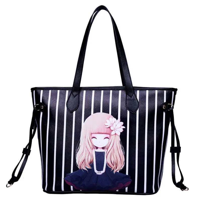 New Fashion Print Tote Bag Women Cute Cartoon Figure Large Hand Bag Side Straps Simple Bag