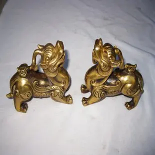 

a pair of Old Qing Dynasty copper carving-- Plutus monster statue /sculpture, best collection&adornment,free shipping