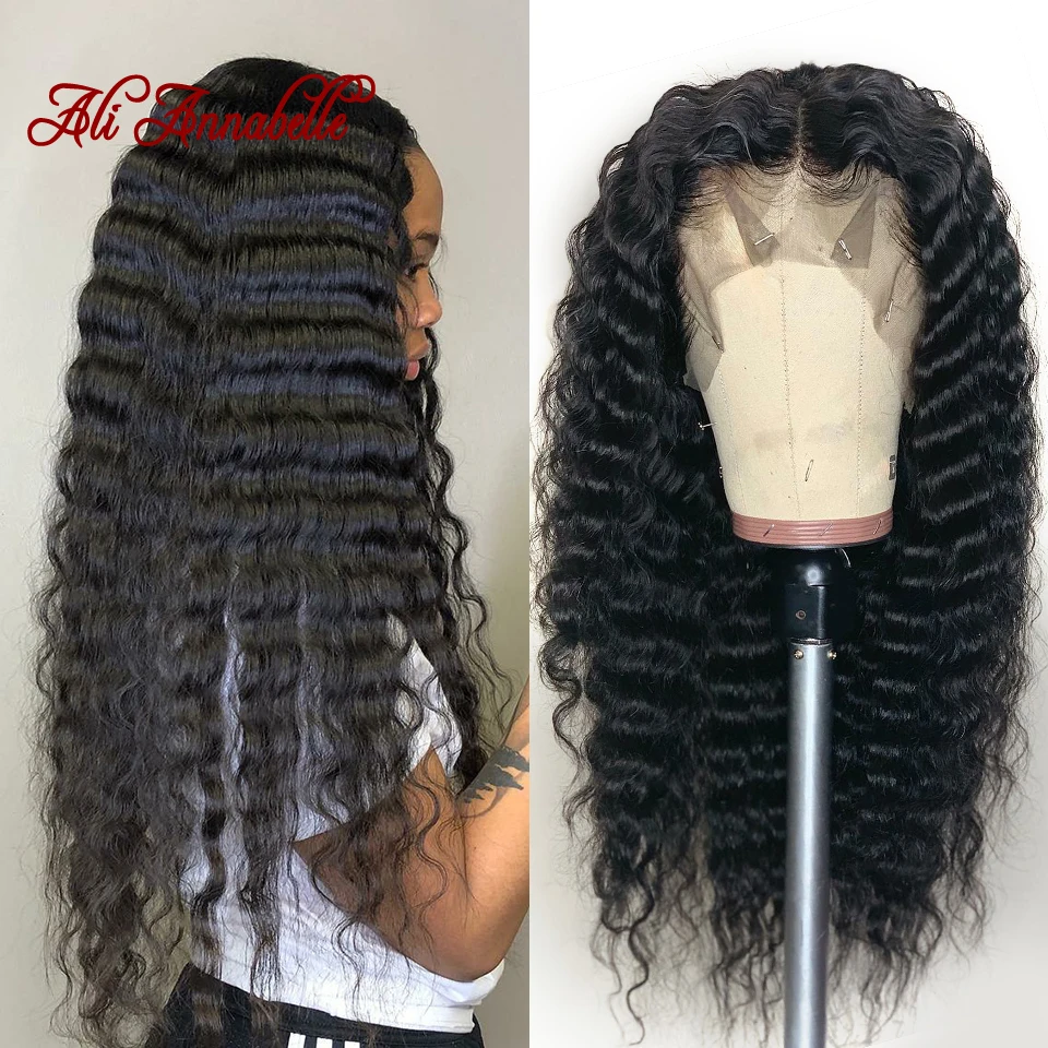 Парики из натуральных волос на кружевной основе глубокая волна для женщин, бразильские парики из натуральных волос, 250 плотность