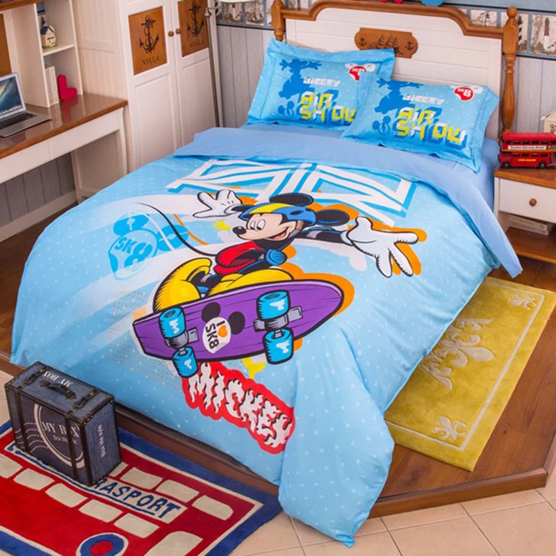 

DISNEY Cartoon Mickey Bedding Set 100% Cotton i love SK8 Duvet Cover Sheet Set Single Queen Size For Kids Beddings