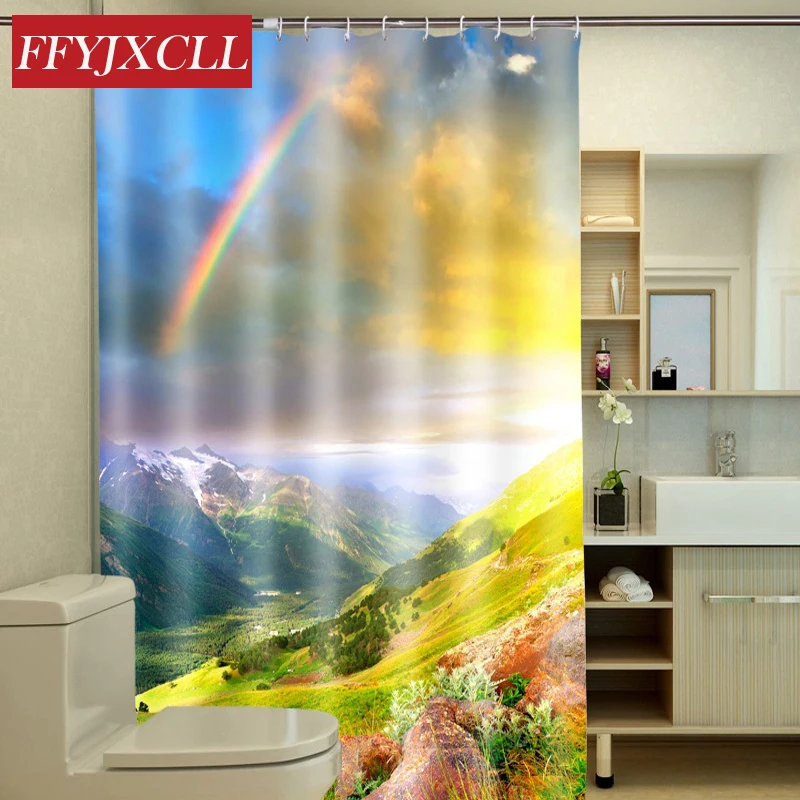 

Landscape Scenic Waterfall Rainbow Waterproof Mildew Polyester Fabric 3D Shower Curtain Eco-Friendly Bathroom Curtain