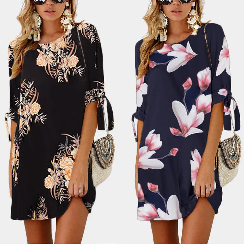 

New Casual Loose print Dress 2019 Summer Fashion Half Sleeve O-neck Floral Women Mini Dress Black Dark Blue Streetwear Vestidos
