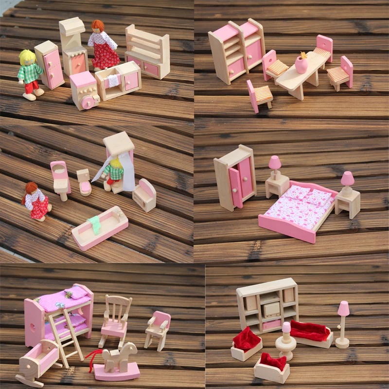 6 rooms children whole set wood pink furniture doll house toys/ Kids girls birthday gifts of wooden kitchen bathroom bedroom toy