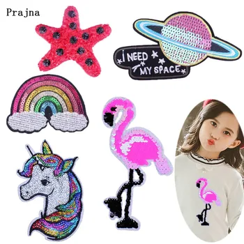 

Prajna Sequined Patch Rainbow Iron on Patches for Clothing Kids UFO Unicorn Applique DIY Apparel Decoration Love Star Patches F