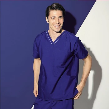 

2017 Rushed Medical Clothing New Product Men's Hospital Medical Scrub Set Doctor Surgical Clothes V Neck Contrast Piping Design