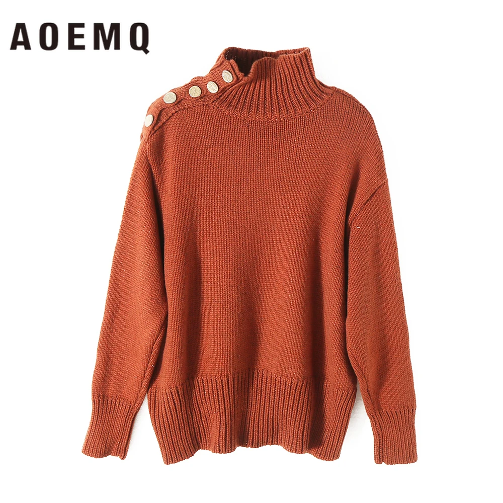 

AOEMQ Fashion Warm Sweater Turtleneck Collar Pullovers Solid Chocolate Color Sweater with Button Women Tops for Women Clothing
