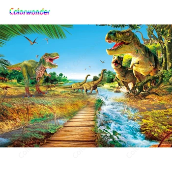 

Photographic Background Dinosaurs in the Rainforest 7x5ft Blue Sky Green Trees with River Kids Birthday Backdrops for Booth Prop