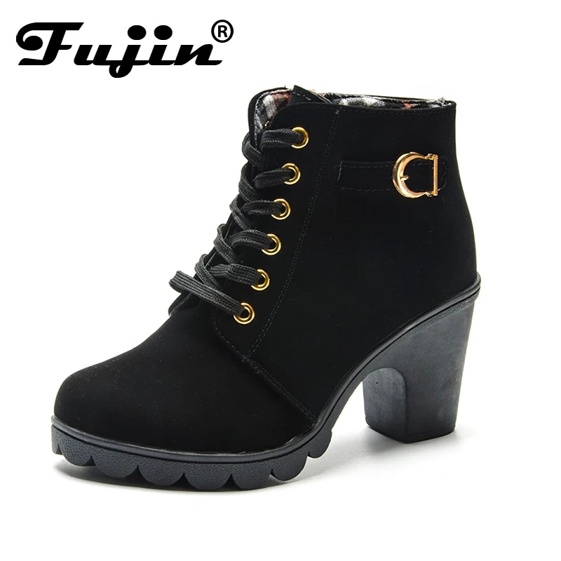

Fujin Autumn Winter Women Boots Casual Ladies shoes Block Heel boots Suede Leather ankle boots High heeled zipper big size 35-43