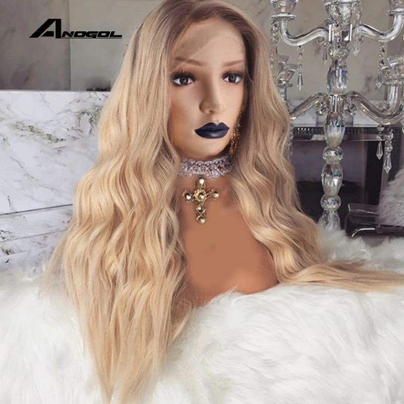 ANOGOL Brown Roots Ombre Blonde Long Body Wave Free Part Synthetic Lace Front Wig For Women Natural Hairline Hair Wigs