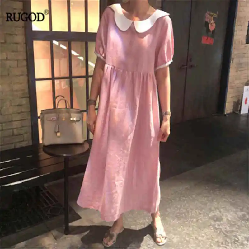 

RUGOD 2019 korea summer women peter pan collar puff sleeve loose dresses casual lady pink vestidos cotton dresses