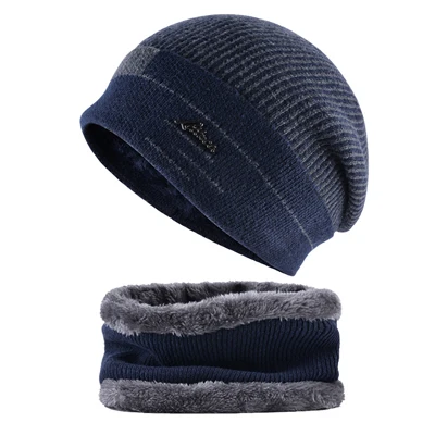Шапка мужская Шерстяные шапки из смешанной ткани, мужские вязаные шерстяные шапки с двойным слоем, шапки с маской для мужской зимняя шапка, шарф в сдержанном стиле - Цвет: Blue sets